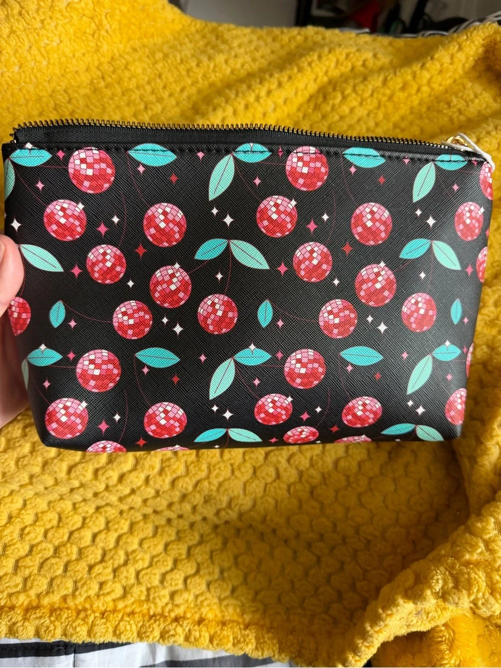 Cherry Print Cosmetic Pouch - Black with Red Cherries & Teal Leaves